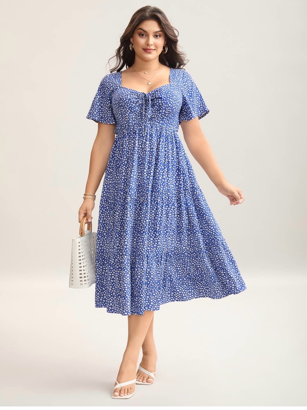 NWOT BLOOMCHIC Ditsy Floral Sweetheart Drawstring Pocket Tiered Dress, Sz 18-20